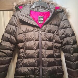 The North Face Brown Puffer Jacket with Pink Lining